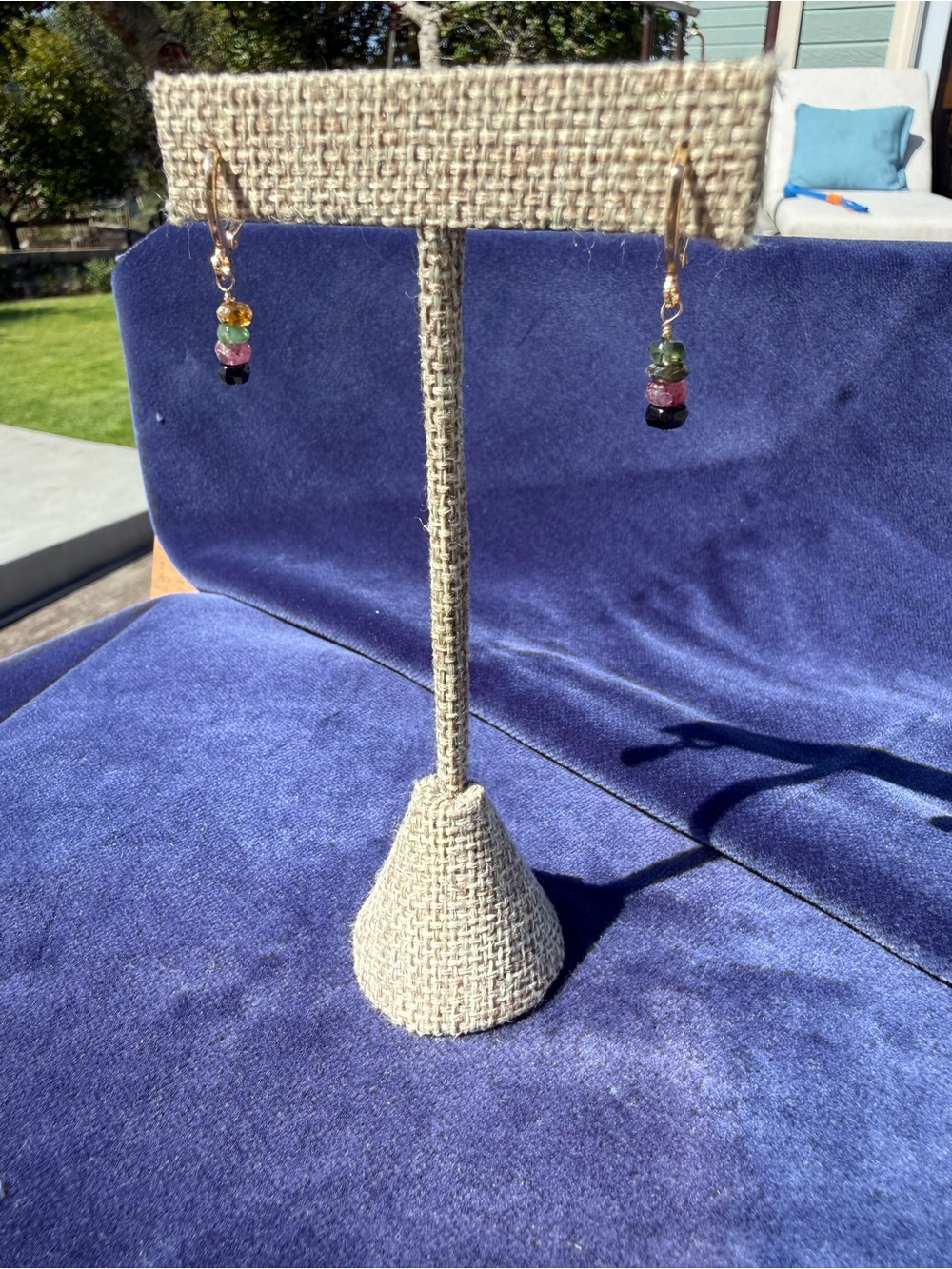 Hand Crafted Gold Earrings with Green, Pink, and Black Beads